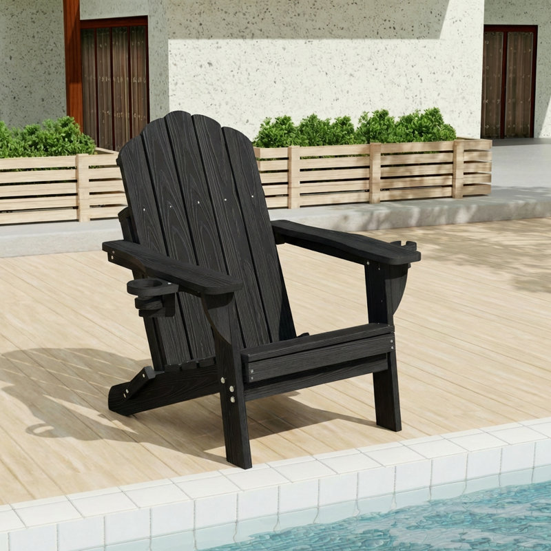 Dauji Oversize Wood Texture Adirondack Foldable Chair Weather-Resistant Fire Pit Chair, Black