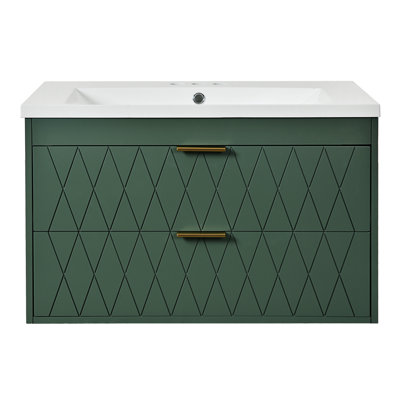 30 In. W Modern Floating Bathroom Vanity In Green Bath Vanity With White Ceramic Sink Top, 2 Drawers?