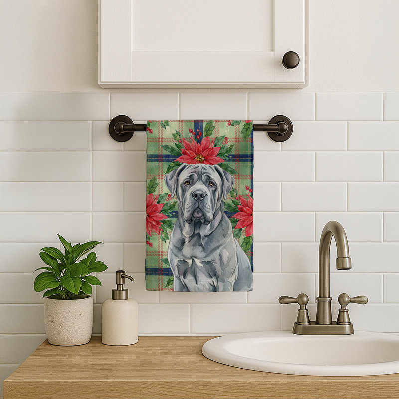 Blue Neapolitan Mastiff Christmas PoinsettIas Kitchen Towel, Blue Neapolitan Mastiff