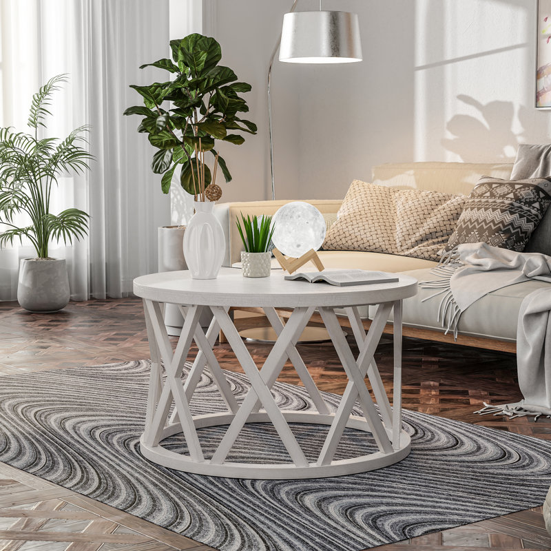  Rustic Farmhouse Round Coffee Table, X-Motifs Legs & Wood Textured Top, White