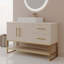 Meuble-lavabo moderne avec lavabo vasque en céramique, accent doré, armoire autoportante pour des salles de bain élégantes et fonctionnelles