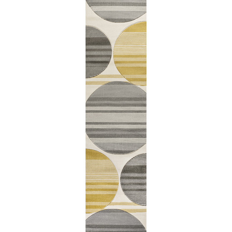 Ascher Geometric Striped Circles Gray/Yellow/Cream Rug, Runner 2'2" x 7'10"