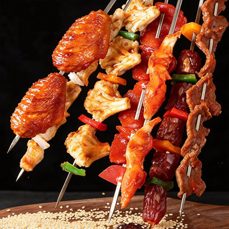 24 PCS 304 Stainless Steel Flat BBQ Skewers, 13.7 Inch Long Reusable Kebab Grilling Sticks for Meat Shrimp Chicken Vegetables, with Portable Metal Storage Tube
