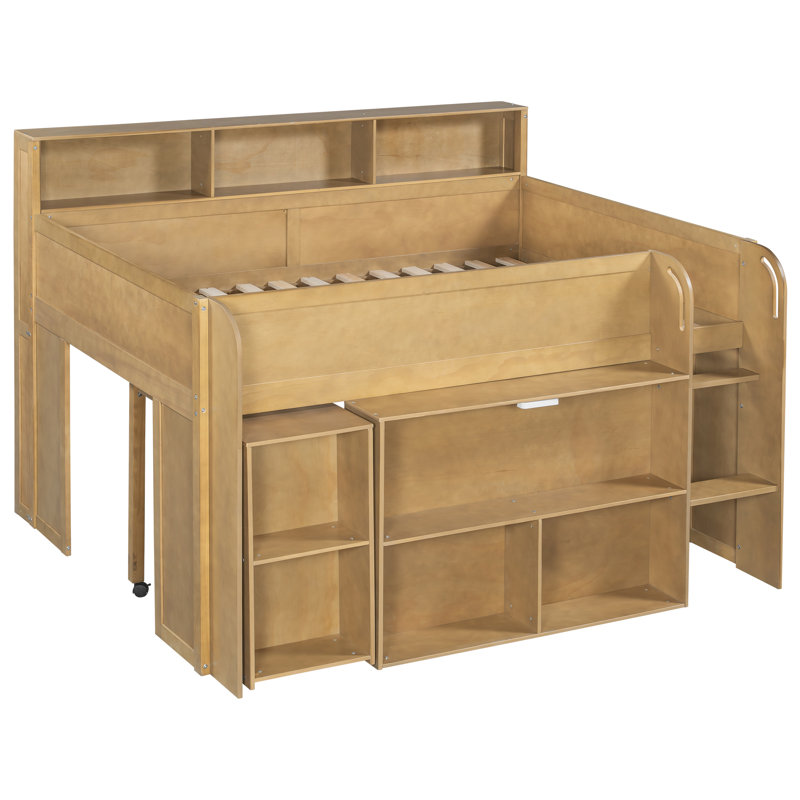 Loft Bed With Desk, Led And Multiple Shelves, Walnut