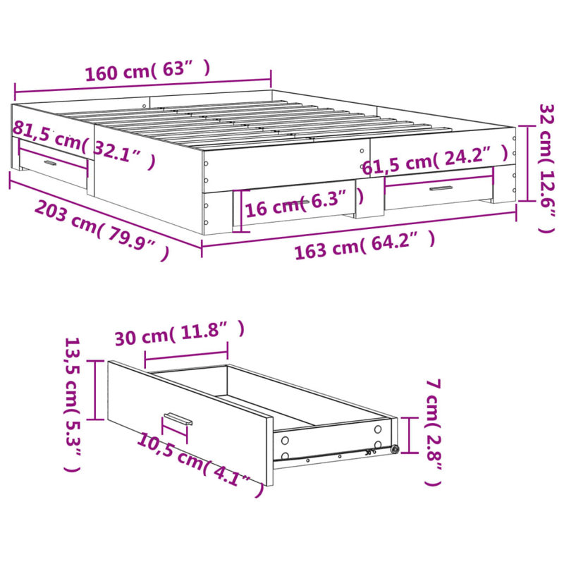 Vidaxl Bed Frame With Drawers Engineered Wood, Sonoma Oak, European Kingsize (160 x 200cm)