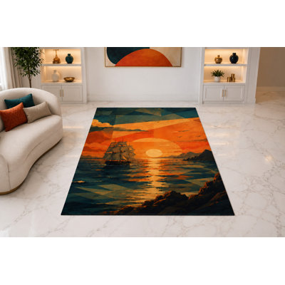 Tapis « Ultra Fin » 152 x 213 cm (5 pi x 7 pi) Motif Coucher de soleil sur l'océan pour salon, chambre et bureau à domicile, tapis doux à poils courts avec envers antidérapant en silicone, orange et turquoise