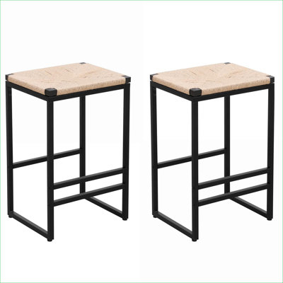 Ensemble de 2 tabourets de bar à hauteur de comptoir sans dossier de 25 pouces, chaises de salle à manger tissées en corde de papier pour adultes, structure en métal noir robuste pour la cuisine