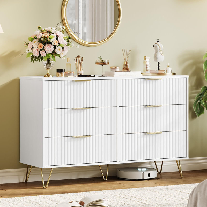 Modern Wood Dresser with 6 Fluted Drawers, Large Storage Chest for Bedroom or Living Room, White
