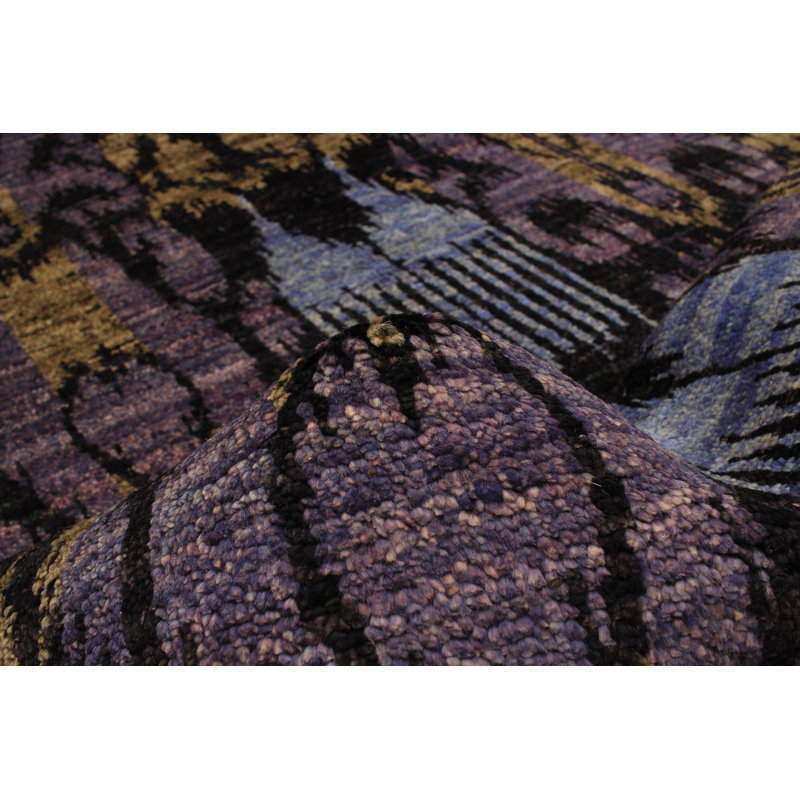 Tapis de couloir unique en laine noué à la main style Shalimar noir et violet 4 pi x 16 pi 3 po années 2010 Céline