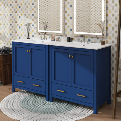 60 Inch Exquisite Bathroom Vanity Set With Dual Vanities And Twin Ceramic Sinks Plus Partitioned Drawers