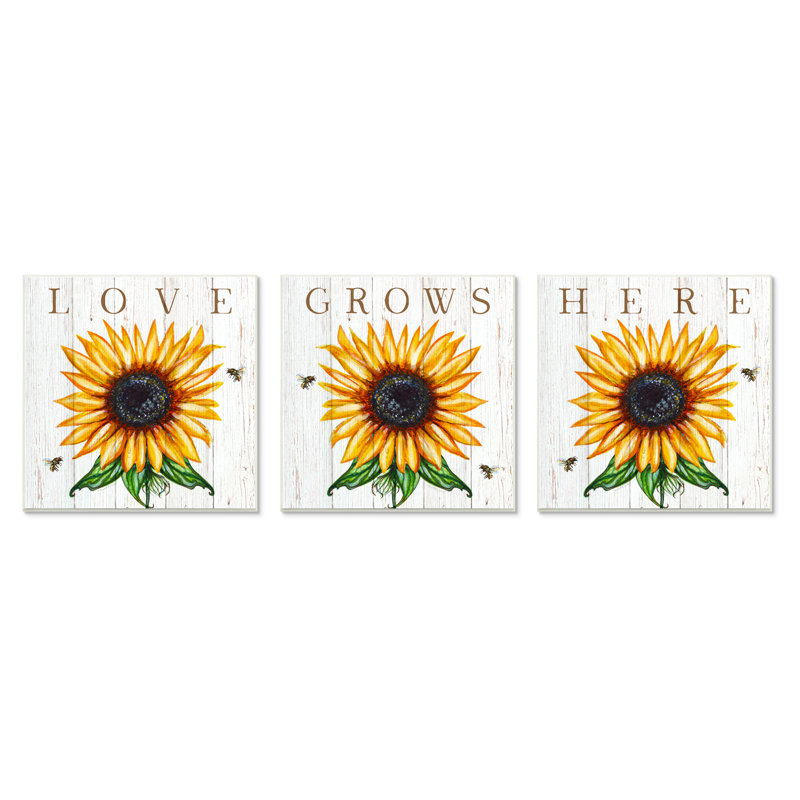 «Love Grows Here», ensemble de tournesols jaunes et abeilles 3 pièces, ensemble de giclées rustiques encadrées par Elizabeth Tyndall