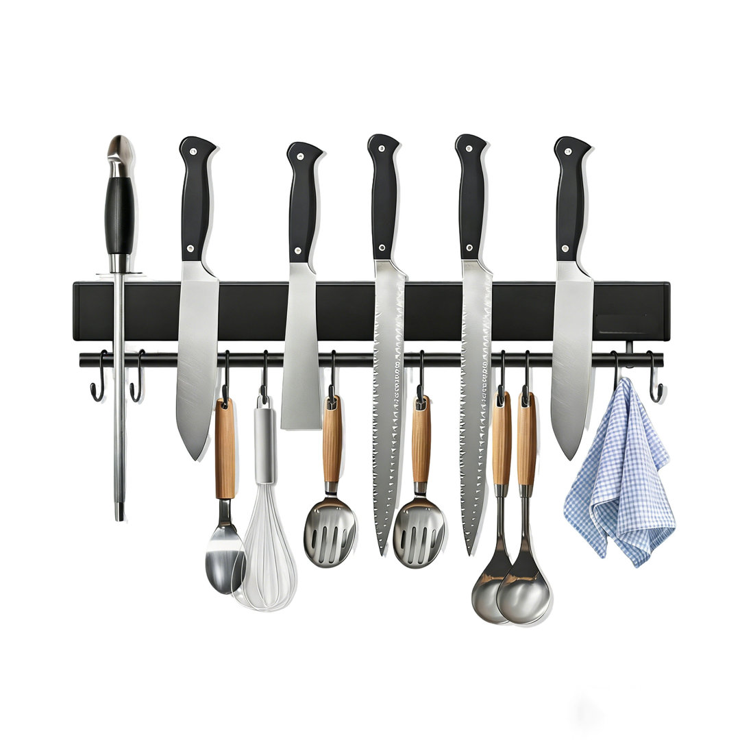 43 cm Black Magnetic Knife Holder with 10 Hooks, Strong Magnets