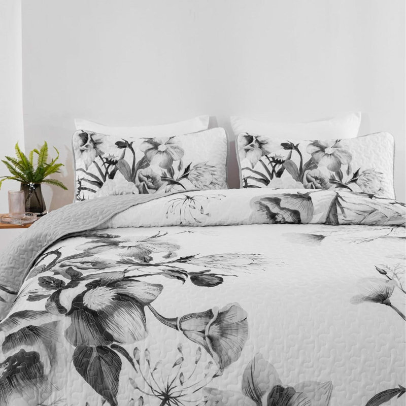 Ensemble de courtepointe à motif floral pour grand lit 3 pièces Floral, Grey Floral