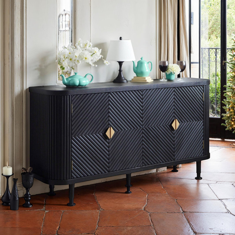 Buffet 4 portes à motif ondulé 59 po avec tablette ajustable 4 portes, Noir, noir, noir, noir