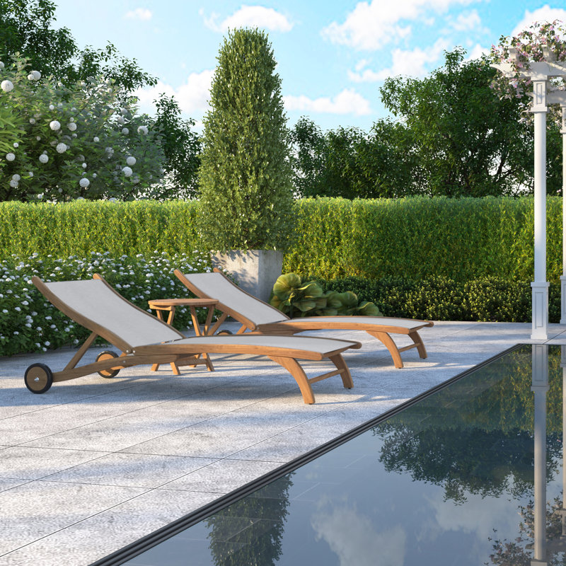 Perrin Teak Outdoor Reclining Chaise Lounger with Rear Wheels, White