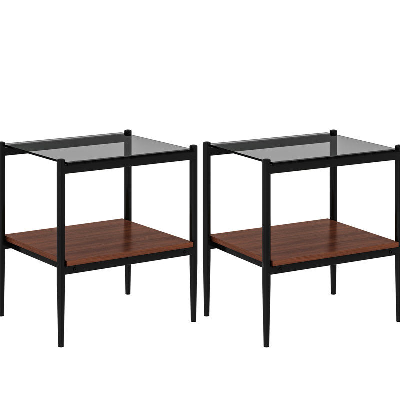 2 Living Room End Tables - Grey Tempered Glass And Robust Construction 2Pcs Contemporary With Shelving For, Black/Brown, Gray