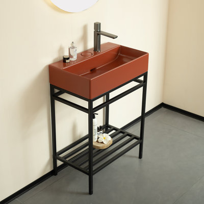 Lofi 24" Bathroom Vanity With Ceramic Basin, Freestanding Bathroom Console Sink Set, White Rectangular Ceramic Basin Without Faucet, Open Metal Leg, Storage Shelves