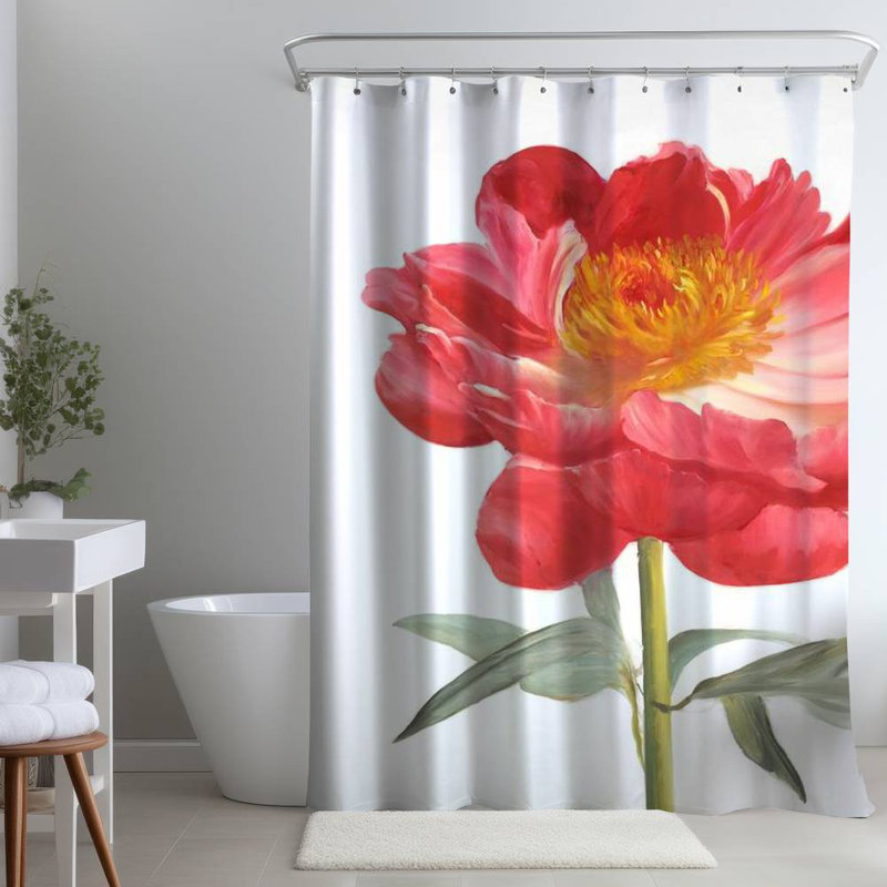 Pink Peony Floral – Polyester Shower Curtain, Dye Sublimation Print, 71" W × 74" L, Pink/Green/Orange Floral 82
