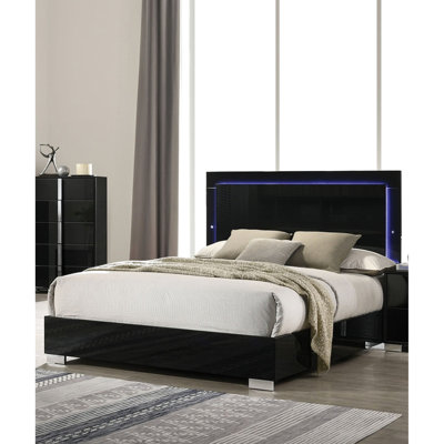 Grand lit transitionnel noir piano 1pc avec tête de lit à DEL et fabrication en métal de style contemporain avec éclairage intégré