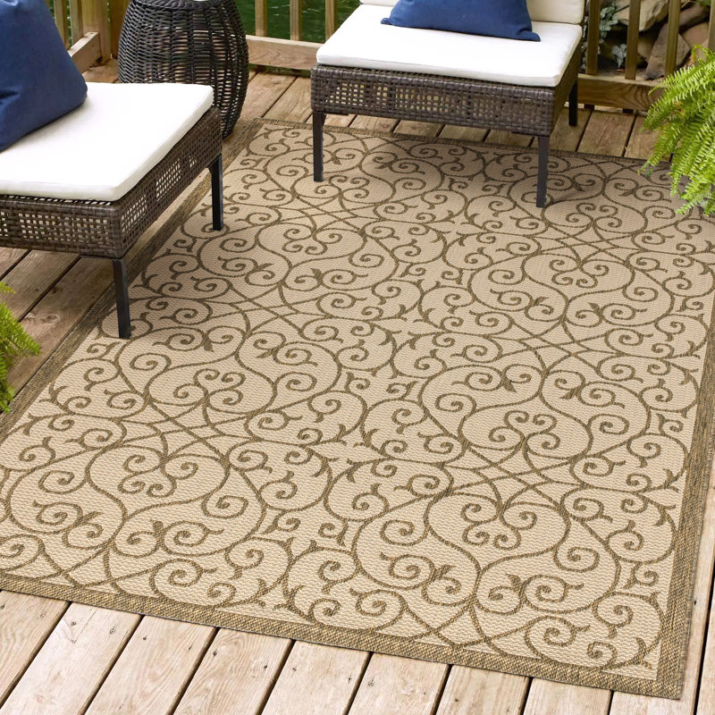 Haggerty Vintage Filigree Textured Weave Beige/Brown Indoor/Outdoor Rug, Rectangle 9' x 12'