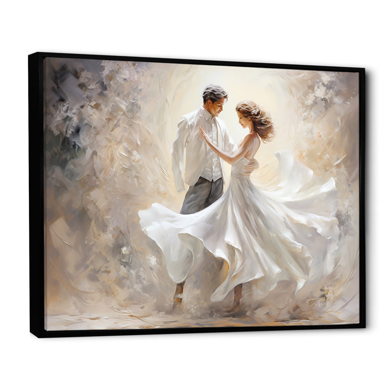 Danse valse en blanc II sur toile, L 40 po x H 30 po x P 1,5 po, Cadre flottant noir