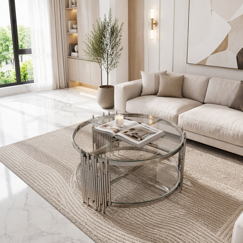 Table basse ronde en acier inoxydable en verre trempé double couche et argent