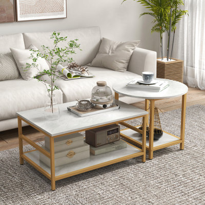 White Coffee Table , Faux Marble & Steel Construction, Living Area Room , Steel, Storage Included,