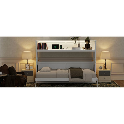 Lit simple TG avec bureau, lumières DEL,. Blanc. Fabriqué en bois massif et pour un bureau à la maison fonctionnel ou une chambre d'amis de couleur blanche. Produit par Stylish