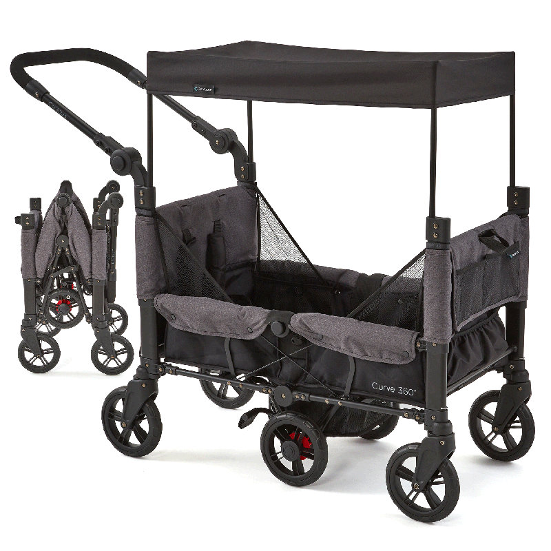 Contours Curve 360 Stroller Wagon for 2 Kids, Infant Car Seat Compatibility, Zero Turn Radius, Lightweight Foldable Push-pull Collapsible Wagon Cart for Garden, Stroller, Camping, Grocery Cart