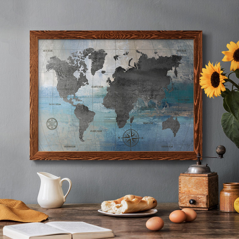 Carte du monde bleue et grise, reproduction sur toile, Érable, H 22 po x l 32 po x P 1,5 po