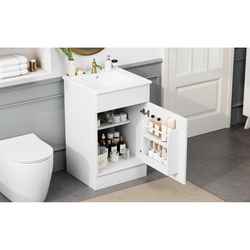 Évier de meuble-lavabo blanc de 20 po. Armoire avec organisateur. Surface lisse du lavabo en céramique. Porte pour évier calme, blanc. Tablette de rangement. Trou et texture pré-percés.