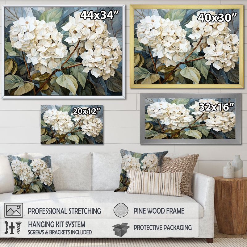 «Cubist Hydrangea L'interpretation» - art mural hortensia, H 24 po x l 32 po x P 1 po, Toile tendue