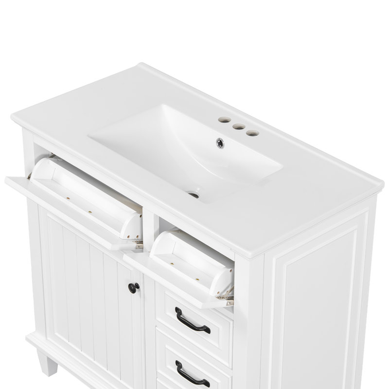 Meuble-lavabo 36 po avec plateau en céramique, tiroirs rabattables et tablette réglable, Blanc/Noir