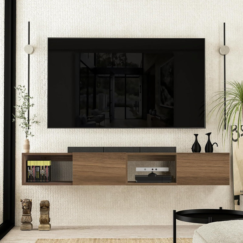  Meuble audio-vidéo mural flottant rectangulaire de 75 po de largeur avec tablettes en bois