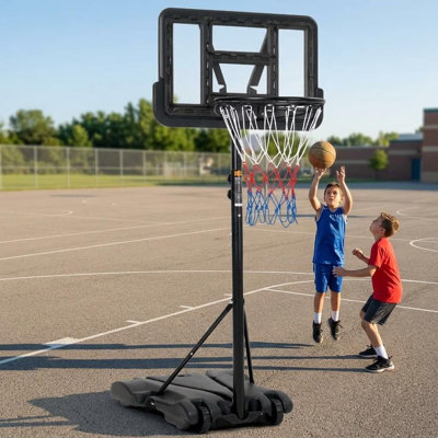 Panier de basketball portatif pour enfants, but de basketball réglable en hauteur de 5 à 7 pi avec roulettes et base remplissable, panneau en polycarbonate incassable de 28 po pour une utilisation intérieure / extérieure