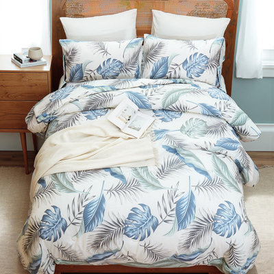 Tropical Leaf Comforter Set King,100% Cotton Natural Comforter Set 3 Pieces with Blue Green Botanical Monstera and Palm Leaves, Lightweight All Season Modern Coastal Bedding