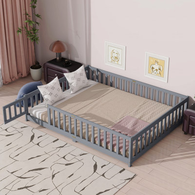 Queen Size Floor Bed Frame With Fence,Door,Rubber Wooden Frame Material Floor Bed Frame With Safety Guardrails
