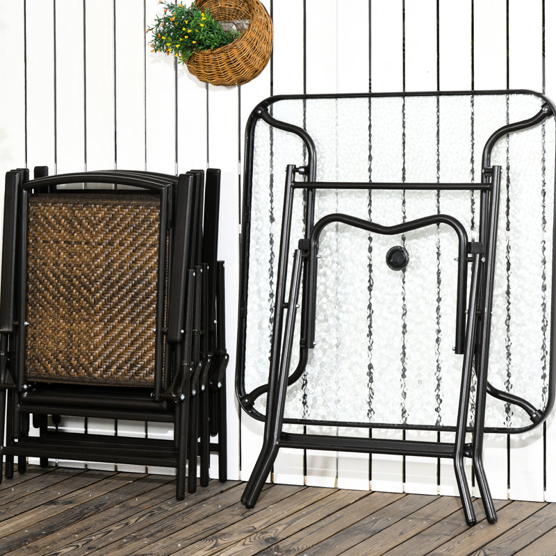 Table de salle à manger et chaises brun foncé, pliable et pliable compatible avec parasol, 5 trous, table en verre trempé