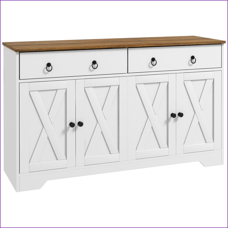 Sideboards Farmhouse White Buffet Cabinet with 2 Drawers, 4 Barn Doors &amp; Adjustable Shelves | Wood Grain Top | Particle Board Frame