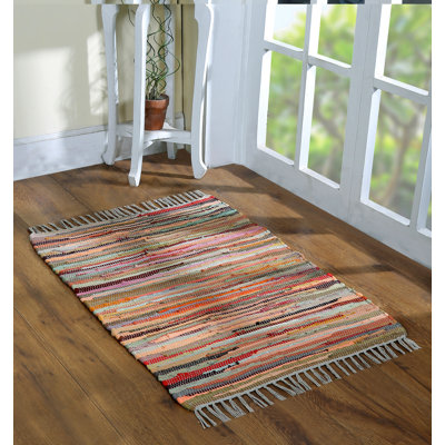 Tapis en coton multicolore fait à la main 24 x 36 po | 2 x 3 pi - lavable, réversible, avec pampilles pour le salon et le vestibule