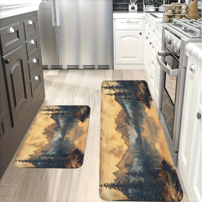Vintage Mountain Lake Kitchen Rugs Set, 2-Piece Non-Slip Flannel Mats for Entryway Use