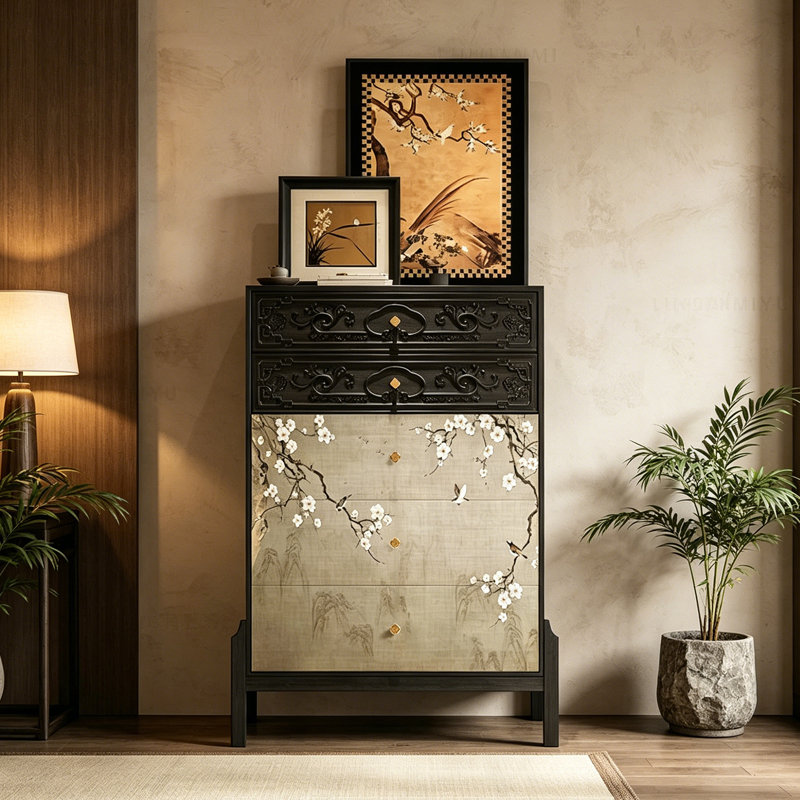Nouvelle armoire d'entrée en bois massif de style chinois, Black, Black, Noir