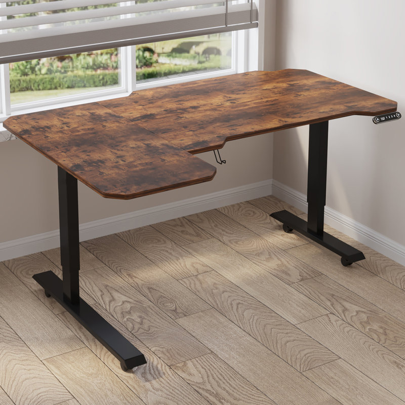 Daycia Height Adjustable L-Shape Standing Desk, Brown/Black