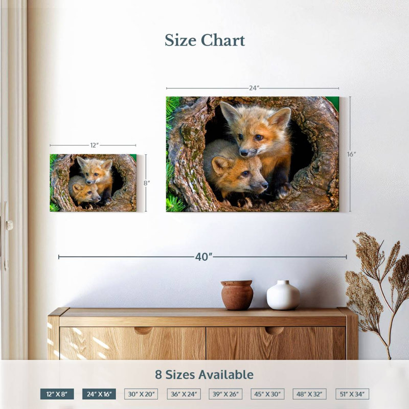 Brampt Fox Pops In Hollow Log, 16" H x 24" W