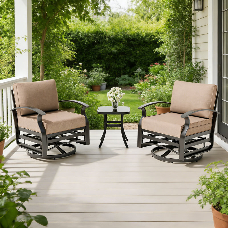 3-Piece Outdoor Swivel Glider Chair Set With Side Table, 28.5" Wide All-Aluminum Frame Patio Furniture With Water-Resistant Cushions, 360° Swivel & Gentle Gliding
