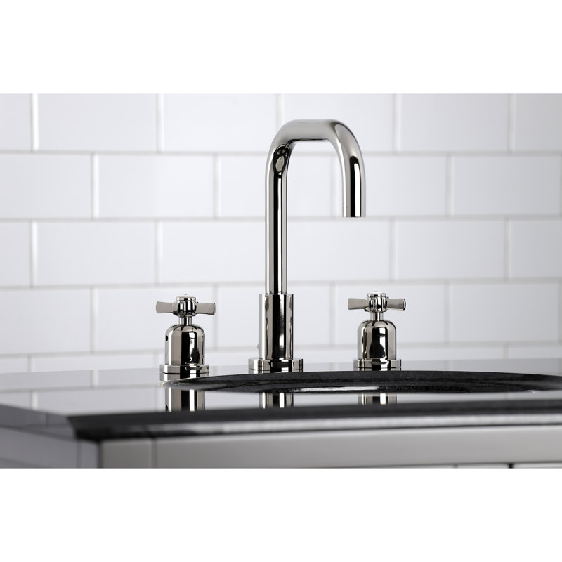 Kingston Brass Millennium Two-Handle 3-Hole Deck Mount Widespread Bathroom Faucet with Brass Pop-Up Drain, Polished Nickel