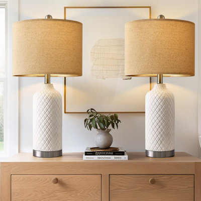 Modern Ceramic Table Lamps Set Of 2 With Linen Shades, Boho Farmhouse Bedside Lamps For Living Room, Bedroom, And End Tables