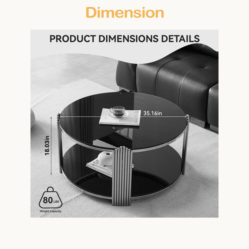 Table basse de 35 pouces, table de salon en verre trempé double couche et structure en acier inoxydable