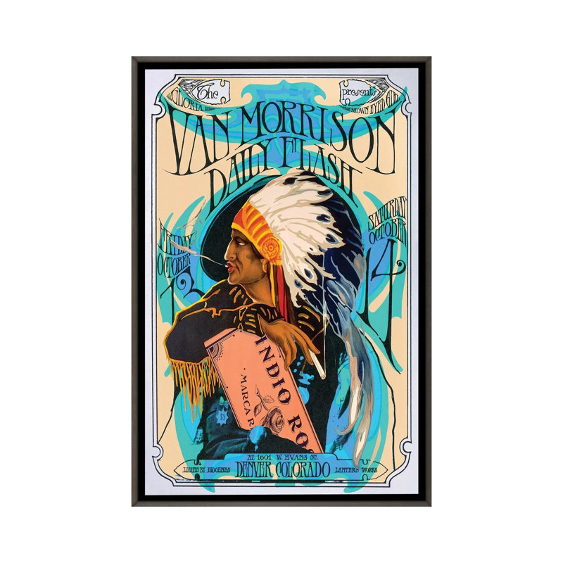 Van Morrison - publicité imprimée, H 26 po x l 18 po x 1,5 po, Toile encadrée de bois rustique foncé, Aucun mat