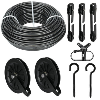 Heavy Duty Retractable Clothesline Pulley System - 150ft Pvc Coated Galvanized Steel Wire Rope Kit With Winch, Wall Mount Outdoor Drying Rack For Backyard, Balcony, Garage